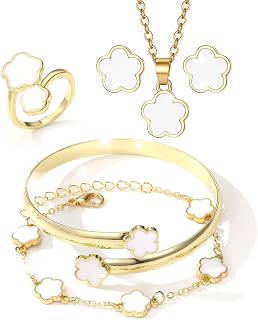 Lucky Five Leaf Clover Sets - 18K Gold Plated Ladies Jewelry Presents: White Five Leaf Clover Design Bracelet, Bangle, Pendant Necklace, Open End Ring and Earrings