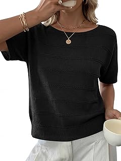 Womens Short Sleeve Sweater Crochet Boat Neck Lightweight Business Casual Tops 2026 Summer Beach Vacation Clothes