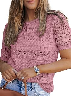Women's Short Sleeve Sweater Crew Neck Crochet Knit Hollow Out Pullover Top
