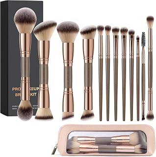 MAGEFY Makeup Brushes 12Pcs with Bag, Double-End Multi-functional for Foundation Powder Blush Eyeliner Eyeshadows brushes with Gift Box,Champagne