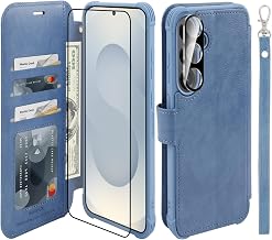 VANAVAGY Wallet Case for Galaxy S25 with RFID Blocking Card Holder,Folio Flip Leather Magnetic Protective Phone Cover with Wrist Strap Supports Wireless Charging Case for S25 6.2inch, Blue