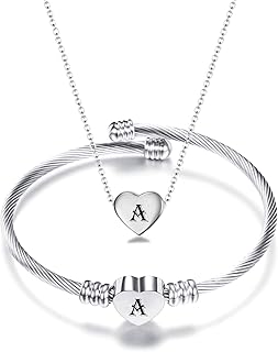NIBASTAR Heart Name Necklace and Bracelet for Women Stainless Steel A-Z letters Initial Statement Jewelry Set for Mother's Day