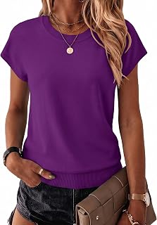 Womens Summer Short Sleeve Tops Crew Neck Pullover Sweaters Cap Sleeve Loose Dressy Casual Blouse Basic Clothes
