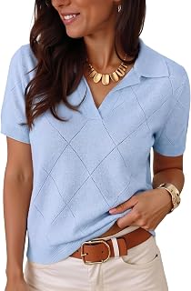 Women Short Sleeve Sweater V Neck Knit Tops Business Casual Collared Work Shirt