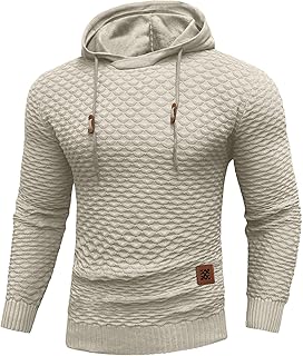 Mens Hooded Sweatshirt Lightweight Diamond texture Warm Hoodie Drawstring Solid Knitted Pullover Sweater