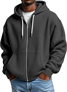 Waffle Knit Hoodies for Men Full Zip Drawstring Hooded Sweatshirts with Pocket Lightweight Loose Fit Athletic Jackets