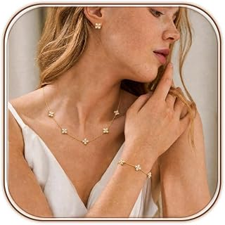 Gold Necklaces Bracelets Earring Set - 18K Gold Plated Flower Bracelet Chain,Stainless Steel Non Tarnish Floral Pendant Stud Jewelry Sets,Christmas Birthday Lucky Gift for Mom Wife Daughter Girlfriend
