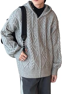 Men Drawstring Hooded Cable Knitted Jacket Unisex Loose Casual Zip up Knit Coat Winter Simple Style Cozy Sweater