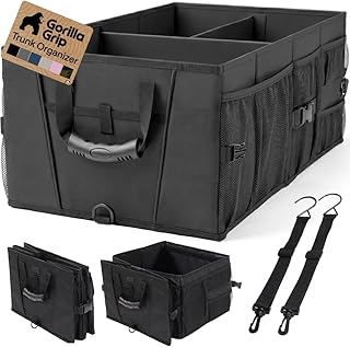 GORILLA GRIP Trunk Organizer for SUV and Cars, Large Capacity Collapsible Car Trunk Storage Organizer, Heavy Duty Car Accessories, Gifts for Mom and Dad, Slip & Water Resistant Multi Compartment Black