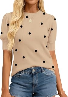 Womens Tops Polka Dot Puff Short Sleeve Sweater for Women Crewneck Knit Summer Tops Business Dressy Casual Blouses
