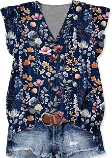 Womens Summer Tops Dressy Casual V Neck Shirts Ruffle Sleeve Tunic Blouses
