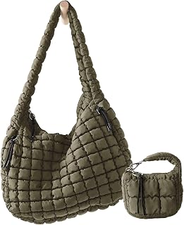 Large Quilted Puffer Tote Bag for Women with Mini Pouch Puffy Crossbody Bags Purse Hobo Puff Shoulder Carryall Gym Travel