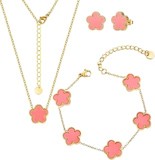 Clover Neckalce Earring Set for Women 14K Gold Plated Stainless Steel Four Leaf Clover Jewelry Set