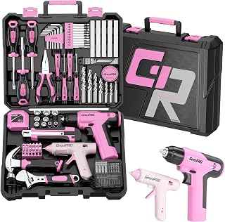 GRENPRO Pink Tool Set Drill Set, 188PCS Tool Kit For Home with Pink Cordless Drill Power, Tool Kit for Women &Men, Basic Household Auto Repair Hand Tool Box, Glue Gun Tools Sets & Drill Set for Women