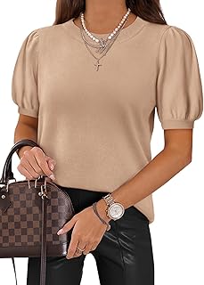 Short Sleeve Sweater for Women 2026 Spring Summer Blouses Crewneck Knit Puff Sleeve Dressy Casual Trendy Shirts
