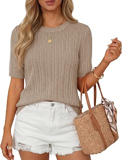 Womens Summer Short Sleeve Knit Tops 2026 Crewneck Crochet Sweater Tops for Women Casual Trendy Tunic Blouses