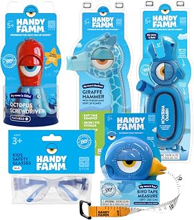Handy Famm Kids Tape Measure & Tools Set Bundle – Hammer, Wrench, Screwdriver, Safety Glasses & Measuring Tape - 5 Piece STEM DIY Tool Kit for Boys & Girls Ages 5+