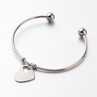 1Pcs 304 Stainless Steel Cuff Bangles, Heart Charm Bangles Stainless Steel Color Classic Bracelet for Women Birthday Festival Elegant Gifts Personalized Jewelry, 2-3/8 inch(6.1cm)