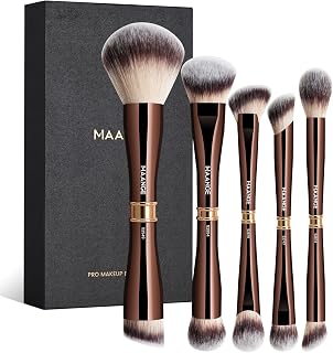 MAANGE Makeup Brush Set Double-ended Kabuki Makeup Brushes For Foundation Contour Liquid Powder Concealer Eye Shadows Cream Cosmetics Blending Blush Makeup Tools (Coffee Brown, 5 PCS)
