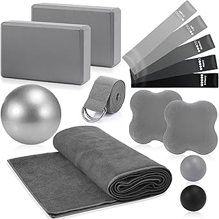 Simgoing 14 Pcs Yoga Kits for Home Workouts Pilates Equipment Set for Women Beginners, Hot Yoga Towel Blocks Strap, Knee Pad, Resistance Loop Exercise Band, Massage Lacrosse Ball, Pilates Ball