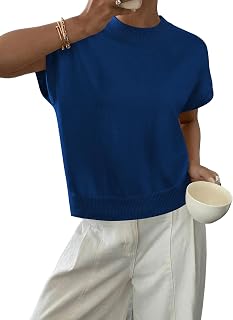 Womens Cap Sleeve Sweaters Summer Casual Short Sleeve Knit Tank Tops Loose Fit Crew Neck Pullover