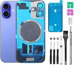 Rear Back Cover Glass Replacement for iPhone 16 Back Glass + Camera Lens + Magnet + Iron Piece Holder with Repair Tool Kit (Blue)