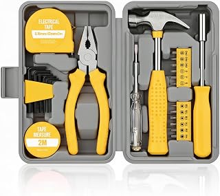 Tool Kit, 8 Piece Home Repair Set with Tape Measure, Hex Keys, Pliers, Hammer, Screwdrivers, Electrical Tape, Gray Case (yellow)