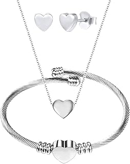 3 Pcs/set Elegance Heart Jewelry Set Stainless Steel Heart Shaped Necklace Bracelet and Stud Earring for Women