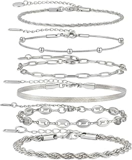 18K Gold Plated Necklace Bracelet Set Womens Stackable Adjustable Stainless Steel Minimalist Modern Everyday Jewelry Gift Gold and Silver