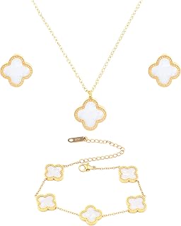 18k Gold Four Leaf Bracelets for Women, Necklace Pendant, Earrings,White Link Bracelet Exquisite Clover Jewelry Sets for Women Mothers Day Gifts
