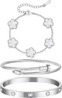 Silver Bracelets for Women Set of 3, Stainless Steel Bangle Cuff Stackable Bracelets, Hypoallergenic Tarnish Resistant Jewelry, Friendship Love Gift for Her