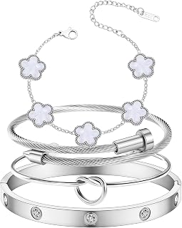 Womens 4Pcs Stackable Floral Gold Bracelets Stainless Steel Bangle Bracelets Non Tarnish Silver Set Trendy Jewelry Gifts for Womens