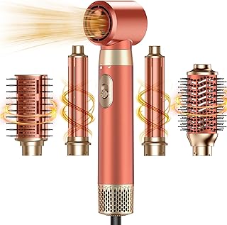 5 in 1 Blow Dryer Brush Set, Upgrade Hair Dryer & Blow Dryer Brush & Air Curling Wrap & Paddle Brush, Detachable Hot Air Brush Styling Tools, High Speed Travel Hair Volumizer Straightener Curler Amber