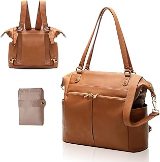 MOMINSIDE Diaper Bag Tote, 4 in 1 Leather Diaper Bag Backpack with 13 Pockets, Convertible Baby Bag for mom,Hospital bag Pañaleras Para Bebe, Changing Pad, 4 Large Insulated Pockets(Brown)