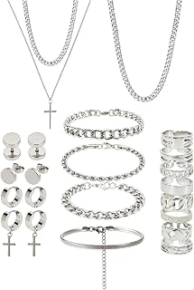 18 Pcs Jewelry Set for Men Stainless Steel Necklace Ring Earrings Bracelet Men Jewelry Set Punk Gothic Fashion Accessories Gift for Men