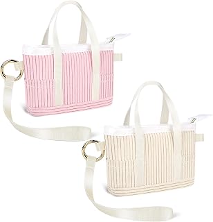2 Pack Coin Purse Keychain, Corduroy Mini Tote Bag Keychain with Wristlet & Buckle, Cute Makeup Pouch Bag Wallets Accessories for Handbag, Backpack (Beige+Pink)
