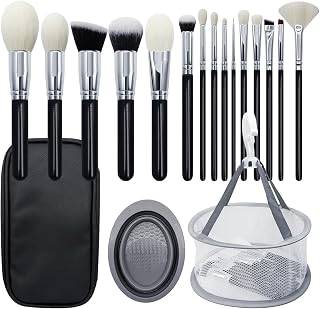 15Pcs Professional Goat Hair Makeup Brushes Set with Drying Net & Cleaning Bowl,Natural Makeup Brushes for Eyeshadow, Face & Travel,Premium Eye & Face Brush Set for Flawless Application (Extra Large)