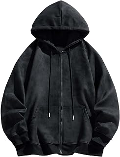 Men's Fleece Full-Zip Acid Wash Hoodie Sweatshirt Vintage Oversized Casual Suede Fall Jacket Hooded Streetwear