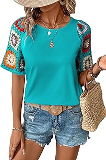 Womens Crochet Floral Print Tops Casual Short Sleeve T Shirts Crewneck Boho Beach Vacation Clothes