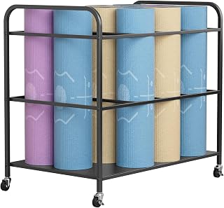Yoga Mat Storage Rack with Wheels, 12 Mats Capacity Home Gym Organizer, Heavy Duty Rolling Cart for Dumbbells, Kettlebells, Resistance Bands, Foam Roller – Space Saving, Black Black