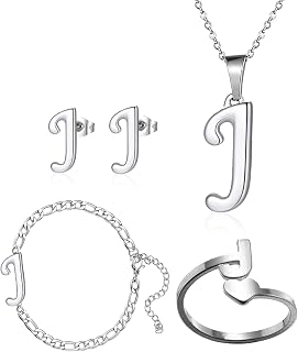 4 Pack Stainless Steel Initial Jewelry Sets for Women Silver Rings Bracelet Earrings Pendant Necklace Uppercase Choker Chain Ear Studs Jewelry Gift