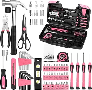 144-Piece Pink Tool Kit Basic Home Repair Tool Set General Household Hand Tool Kit Small Tool Kit with Plastic Toolbox basic home tool kit for Women, Office & College Repairs
