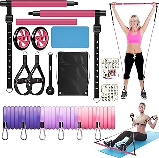 Pilates Bar Kit with Resistance Bands, Olodeer Pilates Reformer Exercise Bar with Ab Roller at Home Workout Equipment, Pilates Bar Set for Full Body Training Women & Men