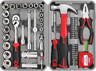 Hi-Spec 52pc Home Garage Mechanics DIY Tool Kit Set. Metric Sockets, Ratchet Wrench, Screwdriver Bit Set, Pliers and Spark Plug Accessories in a Portable Toolbox Case