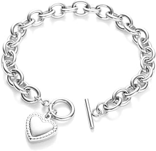 14K Gold Silver Tone Women’s Heart Charm Bracelets Toggle Clasp Stainless Steel Link Bracelet Minimalist Jewelry 7.5”