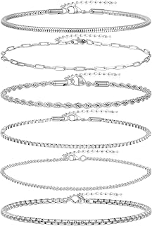 6Pcs Stainless Steel Chain Bracelets for Men Women 2mm Cuban Snake Twists Rope Box Beads Paperclip Link Chain Bracelet Sets Jewelry Gifts 7 Inches Length Adjustable