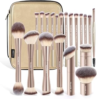 MAANGE 20 PCS Makeup Brush Set with Bag, Double-ended Kabuki Brush Foundation Contour Brush for Liquid Powder Concealer Eye Shadows Cream Cosmetics Blending Blush Face Makeup Tools with Case (Gold)