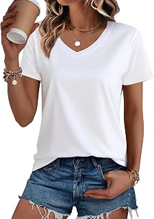 Women's Cotton V Neck T-Shirt Short Sleeve Solid Color Tee Casual Fit Tee Breathable Summer Fashion Tops