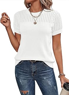 Womens Summer Tops Dressy Casual Crewneck Short Sleeve Shirts Solid Hollow Out Knit Loose Sweater Blouses