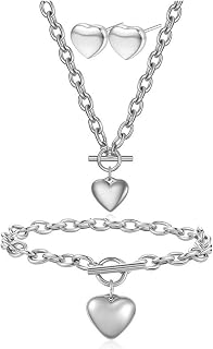 3 Pcs Heart Jewelry Set for Women Unique Hip-Hop Stainless Steel Chunky Link Chain Pendant Necklace Bracelet Elegant Charm Heart Stud Earrings Valentines Day Anniversary Birthday Jewelry Gifts